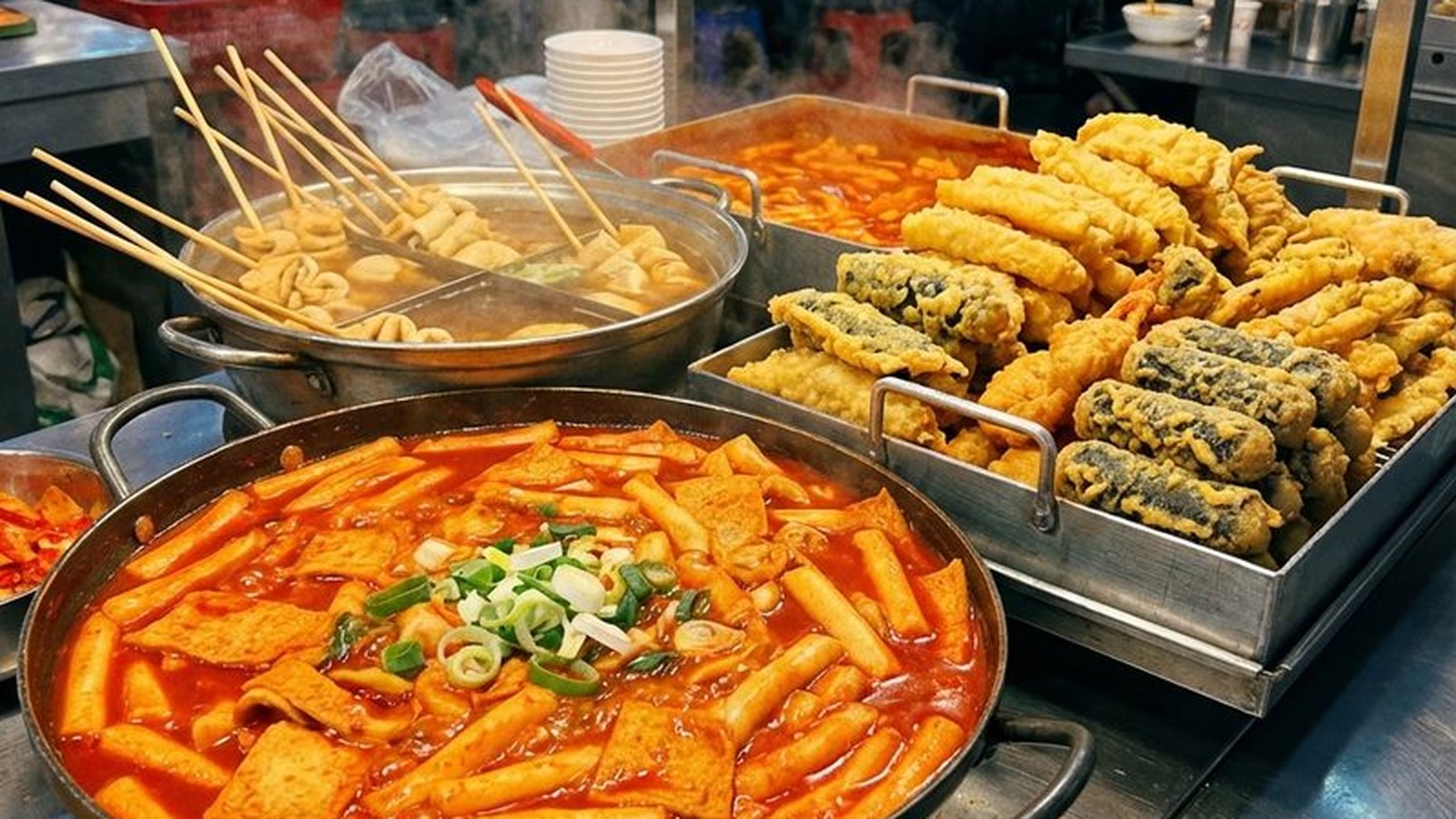 김이 오르는 큰 팬에 떡볶이가 가득 담겨 있고 옆에 어묵 꼬치 냄비와 튀김 트레이가 놓인 노점 조리대
