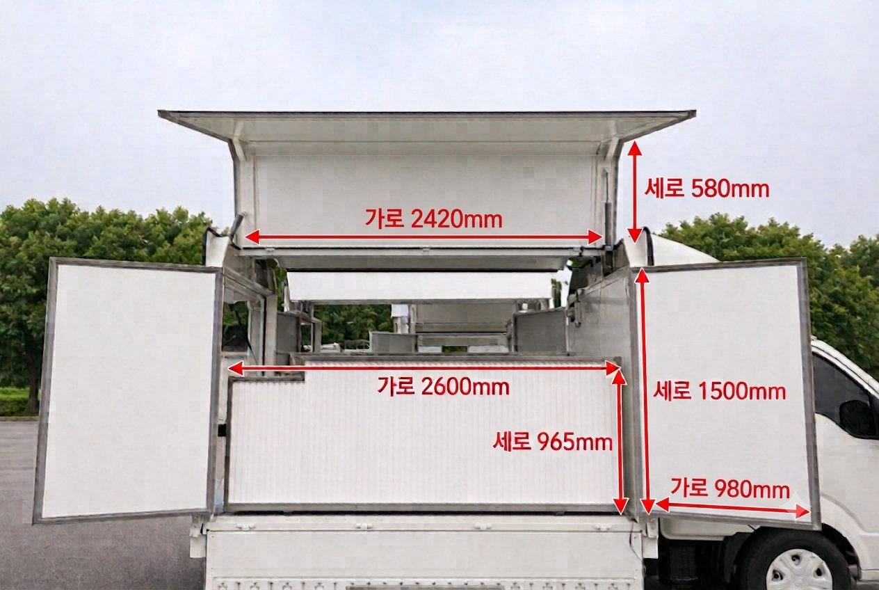 푸드트럭 개방 시 각 부위 치수 표기 — 판매창 2420×580mm, 카운터 2600×965mm, 측면 도어 980×1500mm